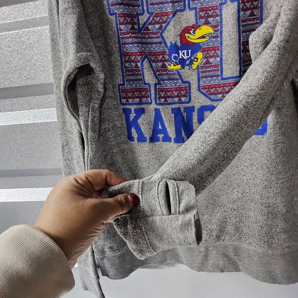 KU Kansas Jayhawks Women's Large Sweater Sweatshirt Press Box Gray Thumb hole‎ - Picture 3 of 6